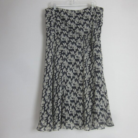 Ralph Lauren Womens Plus 2X Navy Blue Ivory Floral 100% Silk Midi Skirt Cottage - Picture 6 of 8